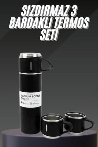 Termos Seti Paslanmaz Çelik 3 Bardaklı Vakumlu Termos Set 500 Ml 12 Saate Kadar Isı Koruma - Sarı