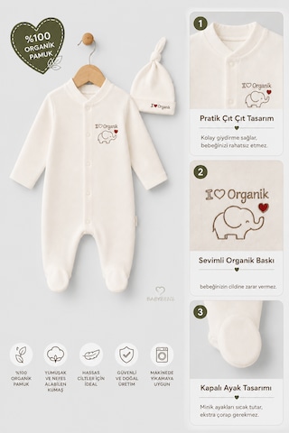Babyden's Organik Pamuk Bebek Tulumu Şapkalı Yenidoğan Hastane Çıkışı Çıtçıtlı Patikli Uzun Kollu Ekru