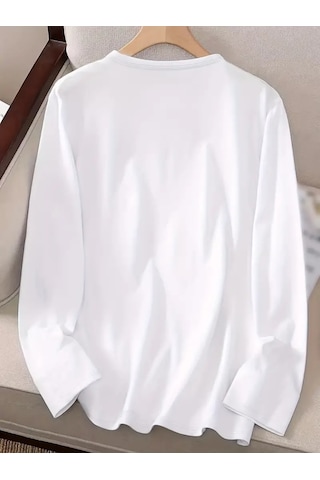 Kadın Uzun Kollu Bisiklet Yaka Yazı Baskılı Viskon Bluz Beyaz
