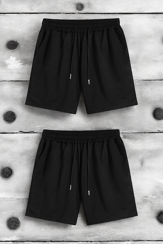 2'li Paket Unisex Pamuklu Rahat Penye Şort Siyah-siyah Siyah