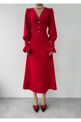 Meta Düğme Detaylı Elbise Altın