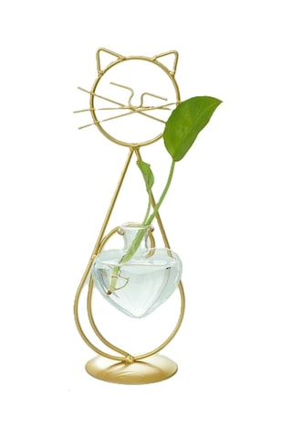 Yunboo Altın Renkli Kedi Figürlü Demir Ve Cam Suluk, Su Bitkileri İçin Ev Dekorasyonu, Norveç Stili Vazo