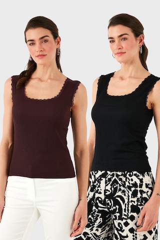 Lela Slim Fit Kalın Dantelli Kare Yaka Bürümcük 2'Li Paket Bayan Atlet 5864979S2 Siyah-Vişne