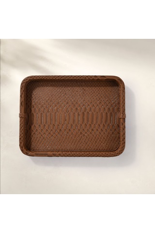Cleo Krokodil Dekoratif Deri Tepsi Kahverengi 30x23x3 Cm