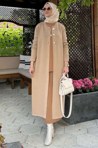 Rabia Şamlı Sinem Çelik Örme Triko Hırka Bej Normal