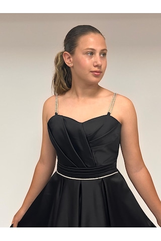 Butikhappykids Kız Çocuk Abiye Siyah Taş Kordon Askılı Kalp Yaka Mat Saten Kuyruklu Abiye Elbise 10-15 Yaş Siyah