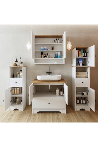 Oval Lavabolu Mdf 80 Cm Çekmeceli Banyo Dolabı Atlantik Çam - Beyaz