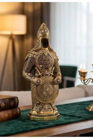 Taş İşlemeli Gold Biblo Allah & Muhammed S.a.v Zırhlı Cevşen Ayetli Asker Figürlü Taşlı Biblo 23cm Çok Renkli