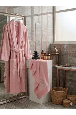 Premium 2'li Aile Bornoz Seti Çeyizlik Pamuklu Hediyelik Banyo Takımı S/m Pudra