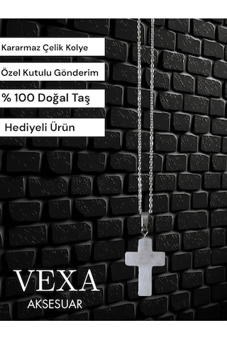 Kuvars Taşlı Haç Kolye - Kararmaz İthal Çelik Zincir - Özel Kutulu Hediyeli Gümüş