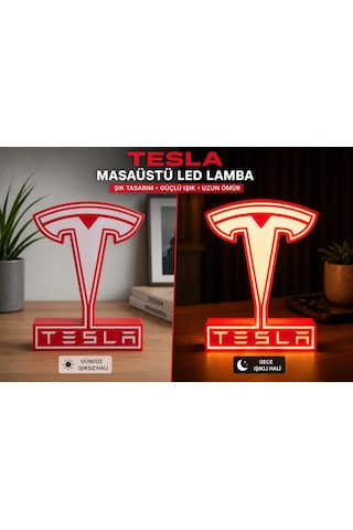 Tesla Masa Lambası , Tesla Logolu Led Işıklı Masa Lambası , Tesla Gündüz Gece Masa Lambası Siyah