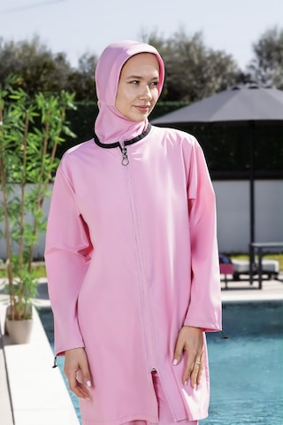 Mayom Pembe Renk Tam Kapalı Su Iticili Hızlı Kuruyan Yanlardan Ayarlanabilen Fermuarlı Tesettür Mayo Pembe