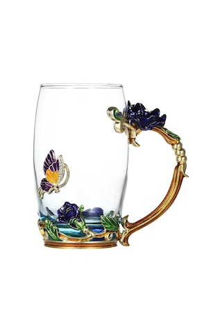 Jeemson Mavi Gül Desenli Cam Bardak Seti - 350ml Isı Dayanıklı, Çay/kahve İçin, Kadeh+kaşık+temizleme Bezi, Dekoratif lik Paket Mavi