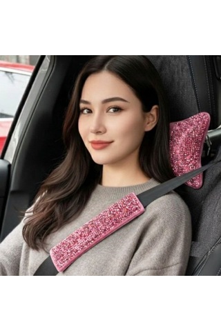 Işıltılı Pırlanta Taşlı Ergonomik Boyun Yastığı Ve Konforlu Emniyet Kemer Süngeri Seti Üniversal Pembe