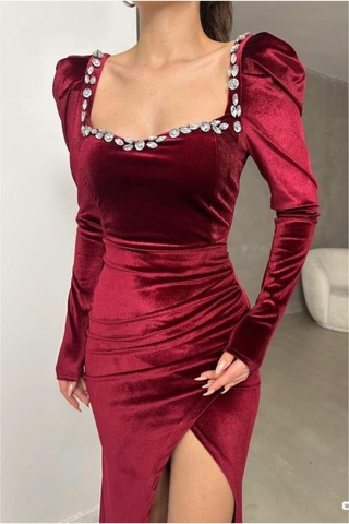 Lior Design Kadın Trend Tasarım Kare Yaka Taş Detaylı Uzun Kollu Abiye Elbise Bordo