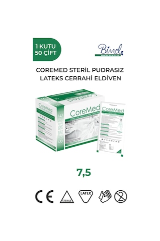 Coremed Steril Cerrahi Lateks Pudrasız Eldiven 7,5 Beden 50 Çift