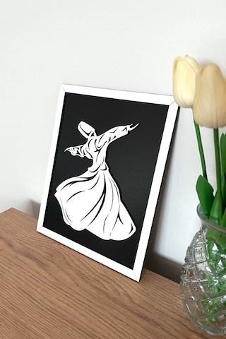 Modern Beyaz Çerçeveli Ahşap Semazen Mevlana Tablosu 25x20 Cm