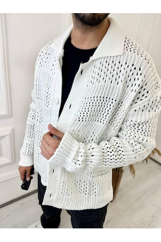 Elku Moda Hırka Oversize Özel Örgülü Triko Desenli Salaş Örgü Hırka Beyaz