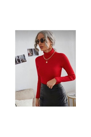 Hanclo Kadın Fitilli Balıkçı Yaka Slim Fit Triko Kazak Kırmızı