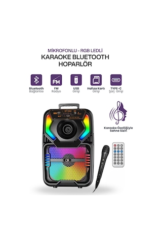Double 8 Rgb Karaoke Hoparlör Bluetooth Usb Tf Fm Kumandalı Mikrofonlu