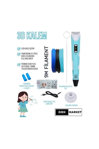 Mavi 3D Kalem 3D Pen Yazıcı Kalem – 3 Adet 3 Metrelik PLA Filament (Toplam 9M) + USB Kablo