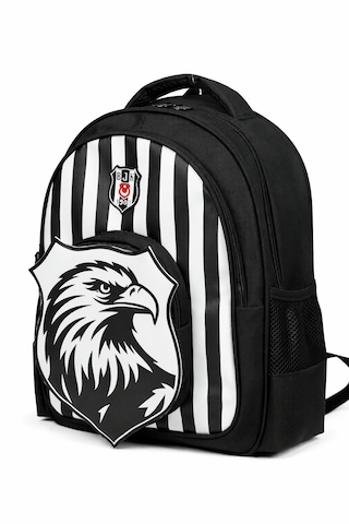 Beşiktaş Lisanslı Çubuklu Okul Çantası - 3 Bölmeli 3d Kartal Baskılı Siyah Beyaz Sırt Çantası Siyah - Beyaz