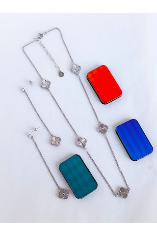 Aynalı Fransız Yonca Tasarım Kolye Küpe Gümüş Kadın Set