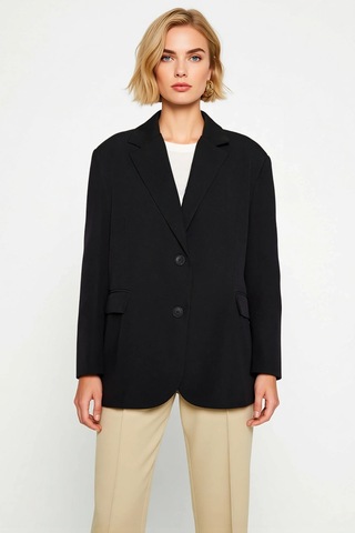 Benerly Kadın Ceket Yaka Uzun Kol Oversize Kalıp Dokuma Blazer Fonksiyone Siyah