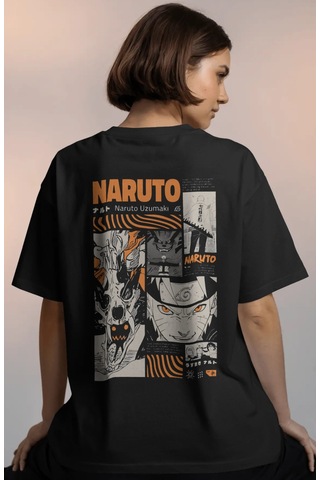 Naruto Uzumaki Anime Baskılı Unisex Oversize Premium Tişört Siyah