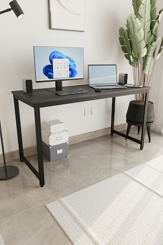 Siyah 140x60 Çalışma Masası, Bilgisayar Masası, Ofis Masası, Metal Ayaklı Siyah