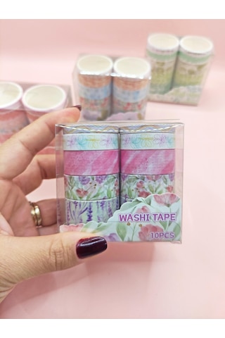 Vintage Washi Tape Bant Baskılı Yapışkanlı Maskeleme Kağıdı 45d Desenli Bant 10'lu - Pembe Çiçek Gül 1