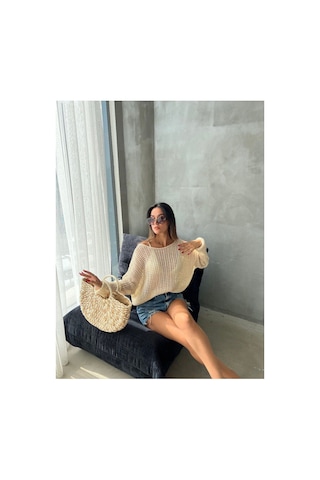 De Pose Ajurlu Sonbaharlik Triko Oversize Bluz Kazak Ekru