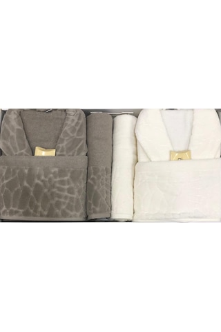 Durul Antik Kısmi Kadife Pamuklu 8 Parça Aile Bornoz Seti Haki