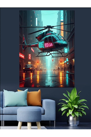Ahşap Tablo Gece Şehri Ve Helikopter Figürü