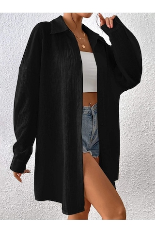 Kadın Oversize Uzun Gömlek - Siyah Düz Uzun Gömlek Siyah