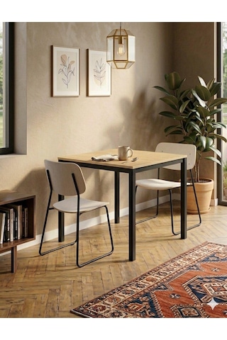 Modern Mutfak Ve Yemek Masası 88x60cm Siyah Metal Ayak & Meşe Renk Tabla