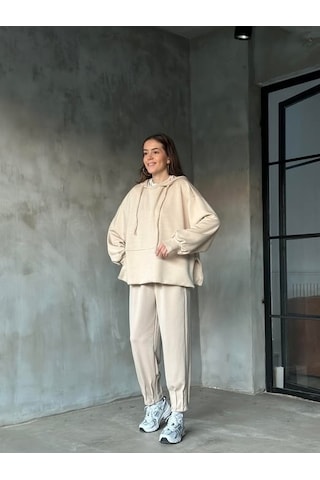 Kadın Oversize Fermuarlı Kapüşonlu Sweatshirt Pileli Paça Tesettüre Uygun Spor Şık Eşofman Takımı Bej