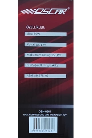 Oscar 12V Çakmaklık Girişli Oto Kompresör Hava Pompası