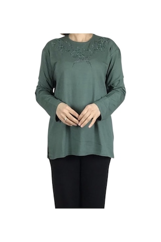 Kadın Yakası Taşlı Likralı Büyük Beden Bluz Arpbattal1 Mint Yeşili