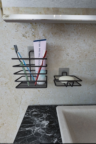 Corelle Kitchen Yapışkanlı Metal Diş Fırçalık + Sabunluk 2'li Set Siyah