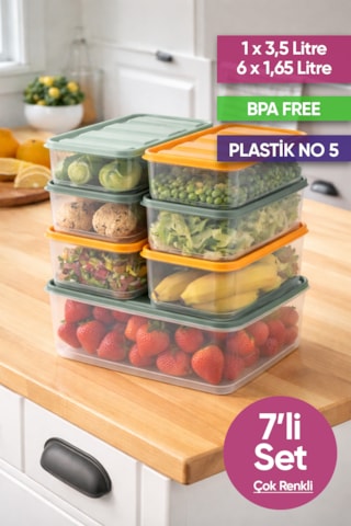 Vinoa 7'li 1x3.5 Litre + 6x1.65 Litre Bpa Free Mikrodalga Ve Difrize Uygun Yıkanabilir Saklama Kabı Çok Renkli