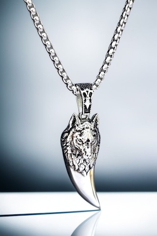 Ak Store Silver Gümüş Kaplama Krom-Çelik Erkek Kolye Madalyon Kurt Dişi Üzerine Bozkurt İşleme
