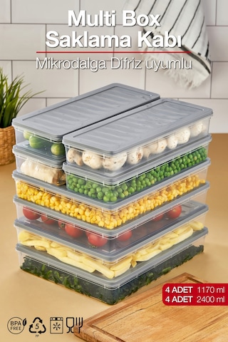 Multi Box 8 Parça 2 Farklı Boy Saklama Kabı Seti - Dondurucu & Mikrodalga Uyumlu Gri