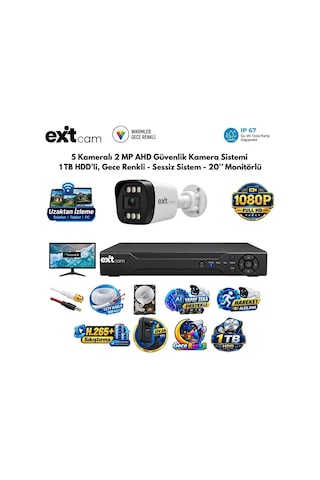 5 Kameralı 2 Mp Ahd Güvenlik Kamera Sistemi 1tb Hdd'li, Gece Renkli - Sessiz Sistem - 20 İnç Monitör