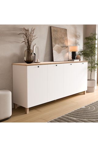 Robin Home Alaska Konsol 4 Kapaklı Ahşap Ayaklı 180cm Sepet-beyaz Beyaz