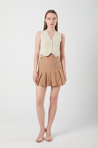 4155 Kadın Zincir Detay Pileli Mini Etek Vizon Vizon