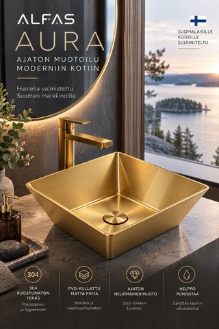 Alfas Aura Kare 40x40 Cm Pvd Mat Gold Tezgah Üstü Çanak Lavabo 304 Paslanmaz Çelik