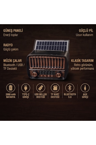 Büro Ev Ofis si İçin Nostalji Tema Solar Şarjlı Aux Bt Fm Radyo