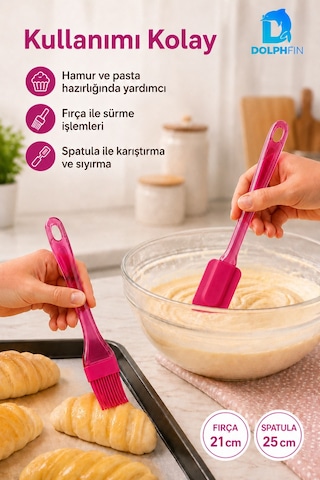 2 Li Silikon Spatula Ve Fırça Seti Pasta Hamur Kek Krema Sürme Karıştırma Mutfak Yardımcısı Pembe