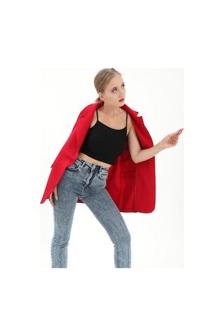 Düşük Omuz Kemerli Atlas Kumaş Blazer Ceket - Kırmızı-kırmızı Kırmızı